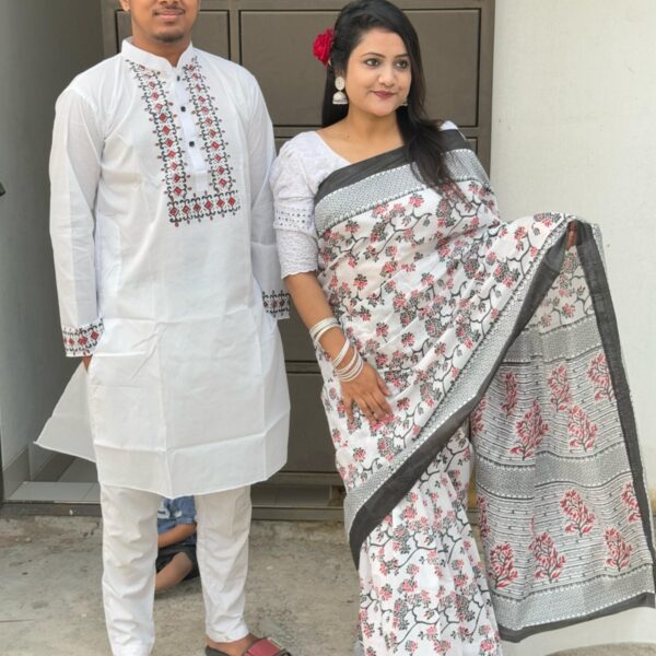 Artistic Fusion Couple Dress Screen-Printed Premium Half Silk Saree & Block-Printed Dhupian Panjabi