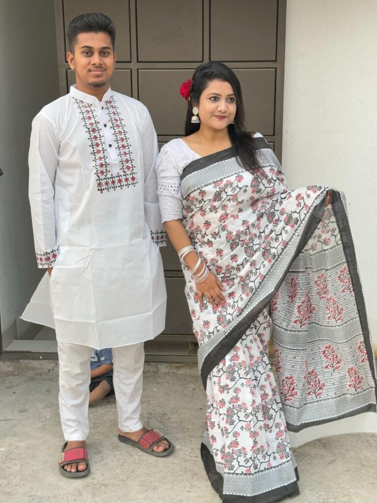 Artistic Fusion Couple Dress Screen-Printed Premium Half Silk Saree & Block-Printed Dhupian Panjabi