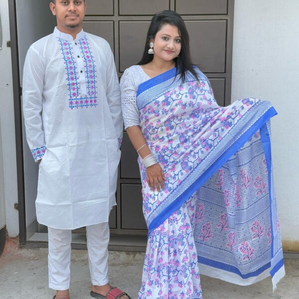 Artistic Fusion Couple Dress Screen-Printed Premium Half Silk Saree & Block-Printed Dhupian Panjabi