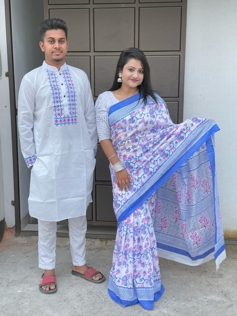 Artistic Fusion Couple Dress Screen-Printed Premium Half Silk Saree & Block-Printed Dhupian Panjabi