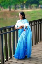 Blue & White Gradient Digital Floral Print Chanderi Silk Saree | Lightweight Festive Wear (Without Blouse Piece) - Image 2