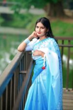Blue & White Gradient Digital Floral Print Chanderi Silk Saree
