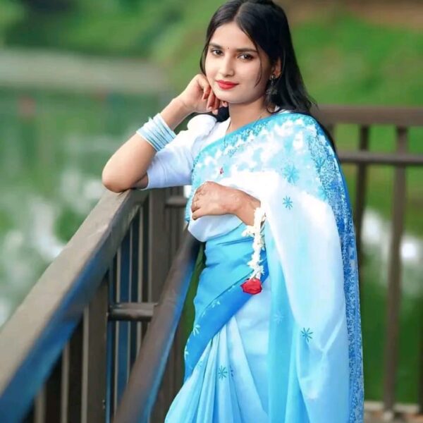 Blue & White Gradient Digital Floral Print Chanderi Silk Saree