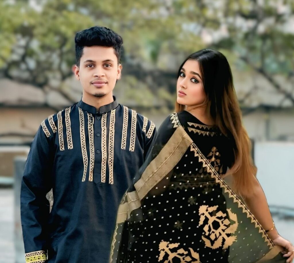 Couple Set Saree Panjabi Screen-Printed Semi Muslin Saree & Block-Printed Dhupian Silk Panjabi