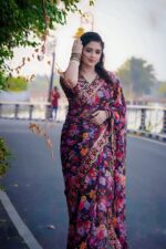 Designer Ispain Silk Saree with Digital Print, Stone Work & Afsan Lace With Matching Blouse Piece