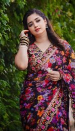 Designer Ispain Silk Saree with Digital Print, Stone Work & Afsan Lace With Matching Blouse Piece