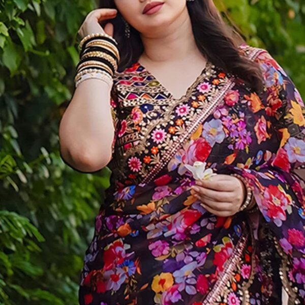 Designer Ispain Silk Saree with Digital Print, Stone Work & Afsan Lace With Matching Blouse Piece