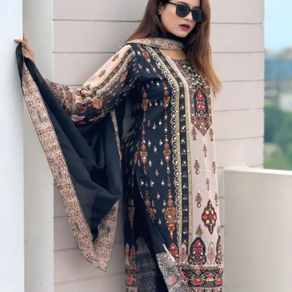 Elegant Georgette Readymade Three Piece for Women – Digital Print & Mirror Work Dress