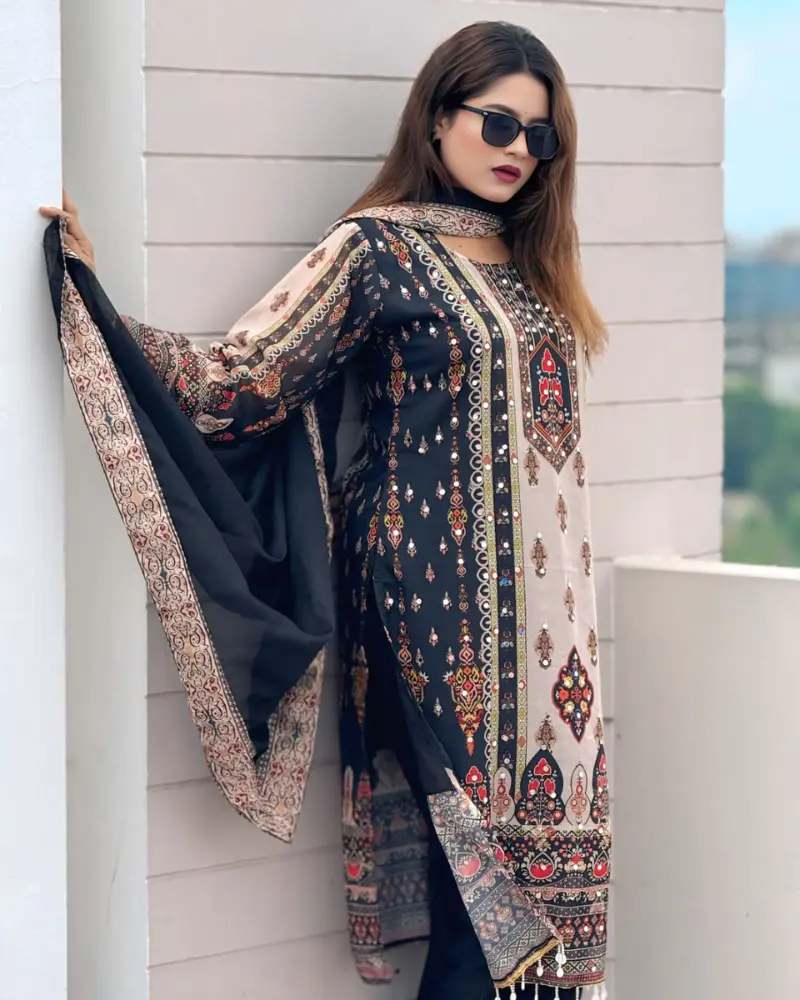 Elegant Georgette Readymade Three Piece for Women – Digital Print & Mirror Work Dress