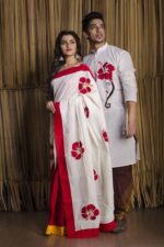 Elegant Hand-Printed Couple Set Premium Half Silk Saree & Dhupian Silk Panjabi Sharee Panjabi Couple Set