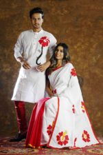 Elegant Hand-Printed Couple Set Premium Half Silk Saree & Dhupian Silk Panjabi Sharee Panjabi Couple Set