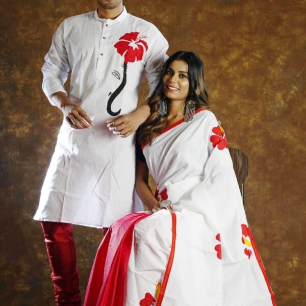 Elegant Hand-Printed Couple Set Premium Half Silk Saree & Dhupian Silk Panjabi Sharee Panjabi Couple Set