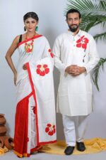 Elegant Hand-Printed Couple Set Premium Half Silk Saree & Dhupian Silk Panjabi Sharee Panjabi Couple Set