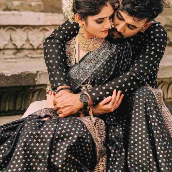 Exquisite Royal Couple Set Traditional Block-Printed Dhupian Silk Saree & Panjabi