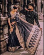 Exquisite Royal Couple Set: Traditional Block-Printed Dhupian Silk Saree & Panjabi - Image 2