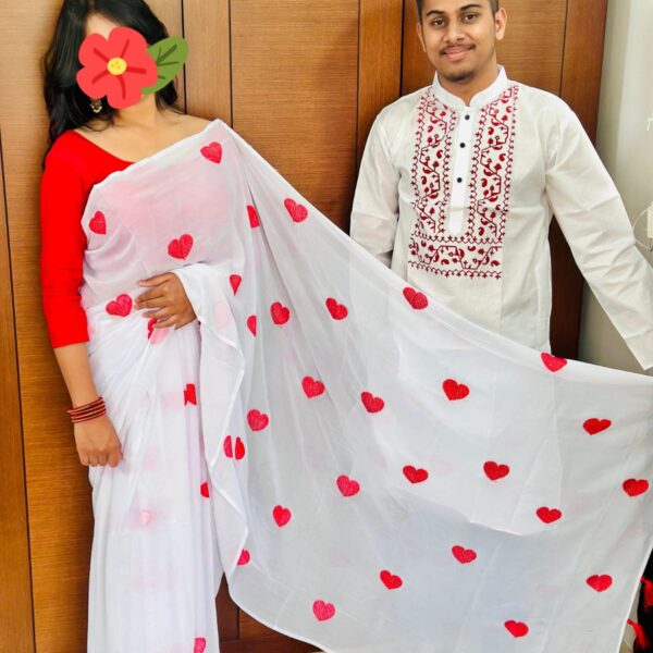 Georgette Sharee and Panjabi Couple Set Premium Georgette Saree with Mail Print & Hand-Painted Dhupian Silk Panjabi