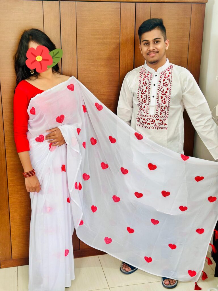 Georgette Sharee and Panjabi Couple Set Premium Georgette Saree with Mail Print & Hand-Painted Dhupian Silk Panjabi