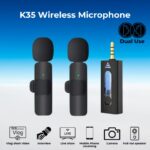 K35 Dual Wireless Lavalier Microphone Kit Plug & Play with Noise Cancellation for Vlogging, Interviews & Home Studio