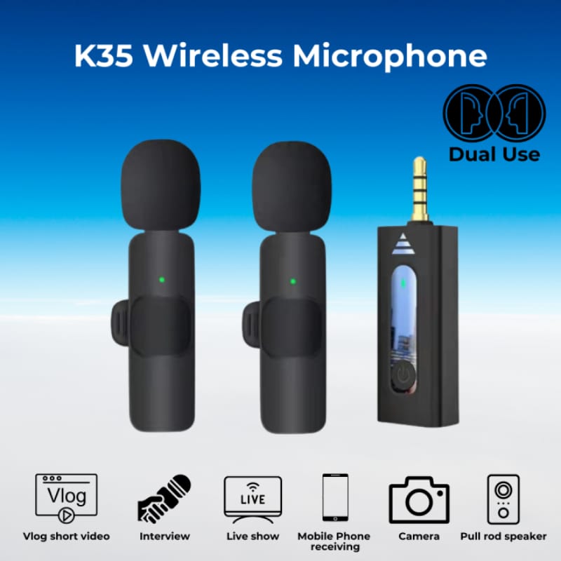 K35 Dual Wireless Lavalier Microphone Kit Plug & Play with Noise Cancellation for Vlogging, Interviews & Home Studio