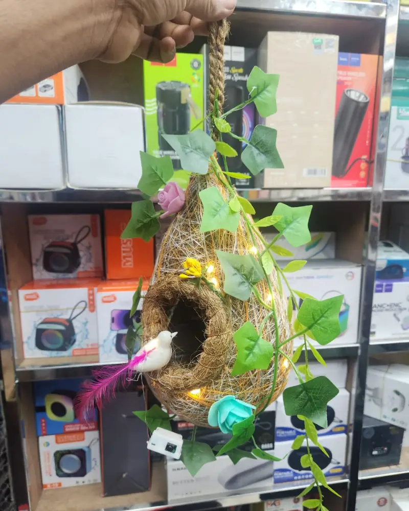 Love Birds Nest Decorative Showpiece – Coconut Fiber Nest with Plastic Birds for Home, DIY, and School Projects