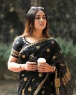 Lustrous Afsan & Screen Print Premium Semi Muslin Saree with Matching Blouse Piece