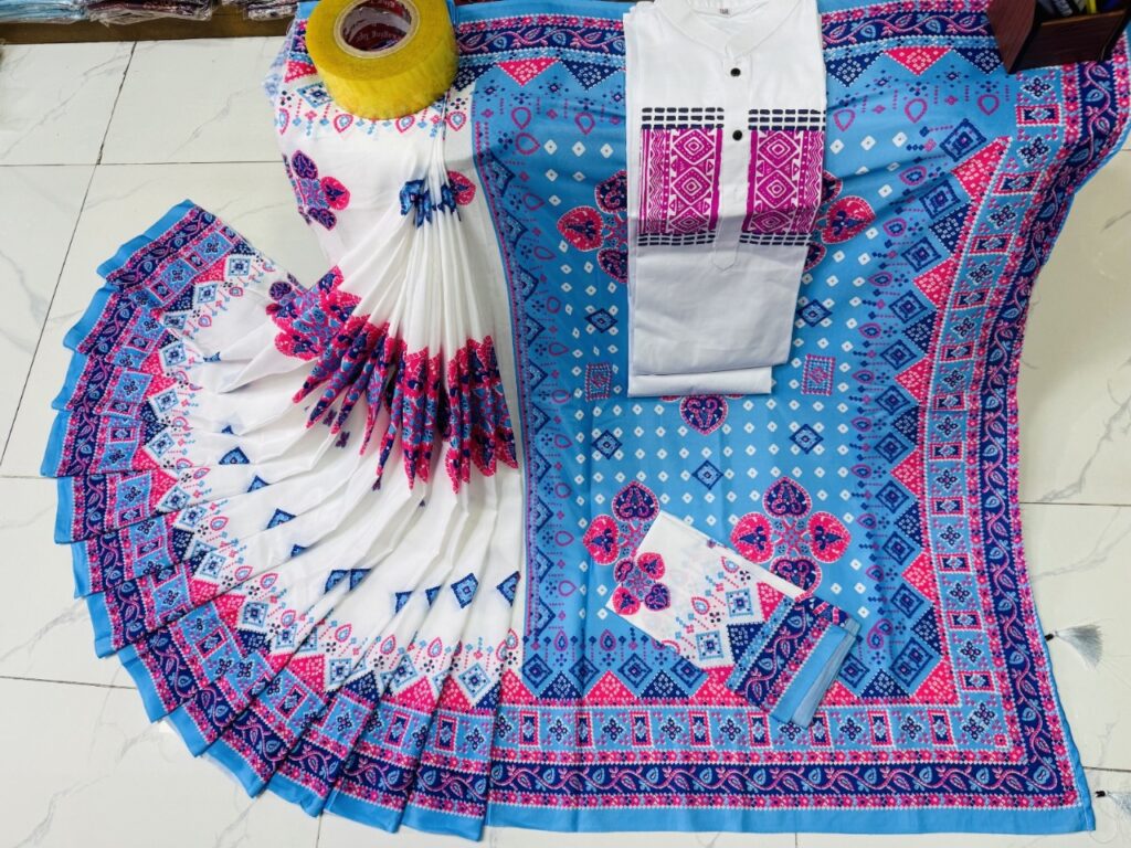 Modern Elegance Couple Set Digital Print Chanduri Silk Saree with Blouse Piece & Block-Printed Dhupian Panjabi