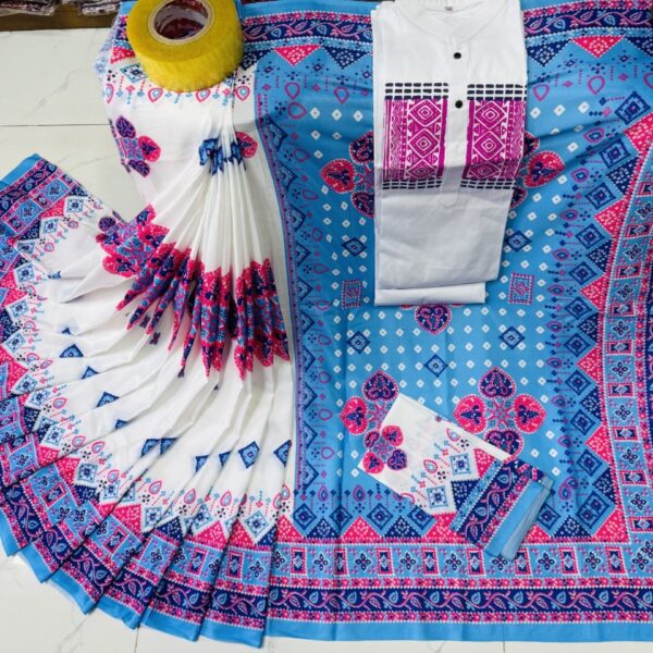 Modern Elegance Couple Set Digital Print Chanduri Silk Saree with Blouse Piece & Block-Printed Dhupian Panjabi