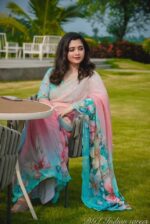 Peach & Turquoise Topetor Silk Saree with Colorful Butterfly Digital Print Festive Wear with Blouse Piece