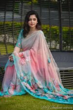 Peach & Turquoise Topetor Silk Saree with Colorful Butterfly Digital Print | Festive Wear with Blouse Piece - Image 4