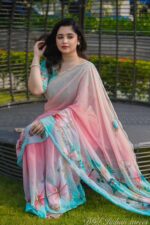 Peach & Turquoise Topetor Silk Saree with Colorful Butterfly Digital Print | Festive Wear with Blouse Piece - Image 3