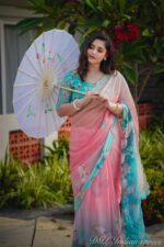 Peach & Turquoise Topetor Silk Saree with Colorful Butterfly Digital Print | Festive Wear with Blouse Piece - Image 2