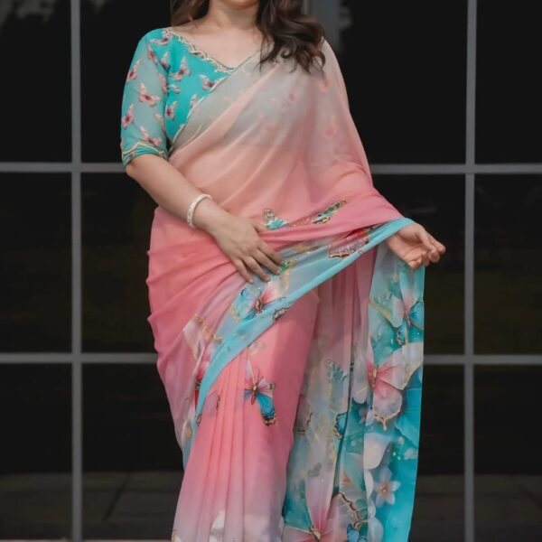 Peach & Turquoise Topetor Silk Saree with Colorful Butterfly Digital Print Festive Wear with Blouse Piece