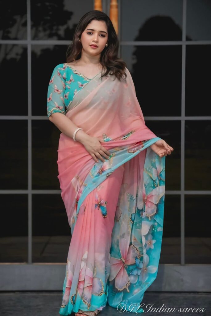 Peach & Turquoise Topetor Silk Saree with Colorful Butterfly Digital Print Festive Wear with Blouse Piece