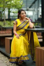 Premium Yellow Half Silk Nakshi Paar Saree with Blue & Purple Border