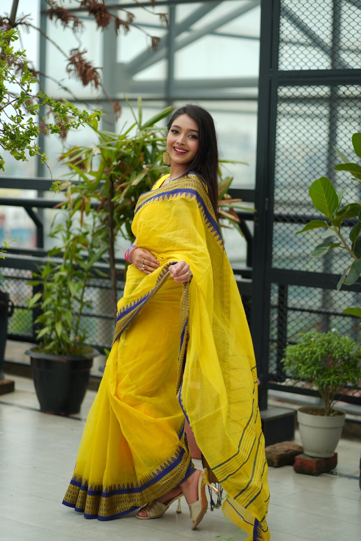 Premium Yellow Half Silk Nakshi Paar Saree with Blue & Purple Border | Festive & Party Wear (Without Blouse Piece) - Image 3