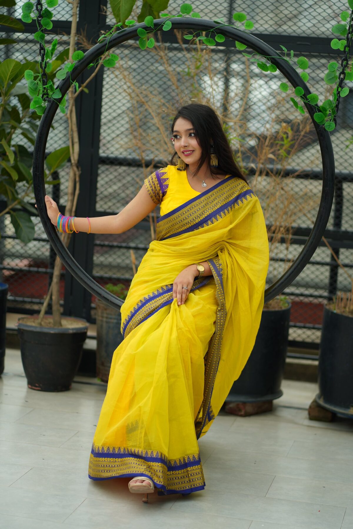Premium Yellow Half Silk Nakshi Paar Saree with Blue & Purple Border | Festive & Party Wear (Without Blouse Piece) - Image 2