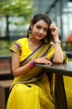 Premium Yellow Half Silk Nakshi Paar Saree with Blue & Purple Border