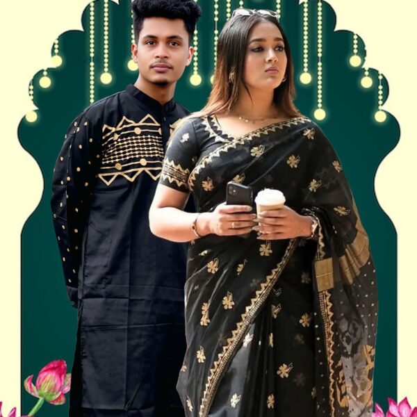 Sharee Panjabi Couple Set Screen-Printed Semi Muslin Saree & Block-Printed Dhupian Silk Panjabi