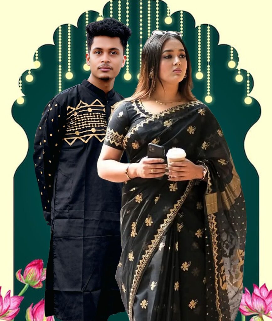 Sharee Panjabi Couple Set Screen-Printed Semi Muslin Saree & Block-Printed Dhupian Silk Panjabi