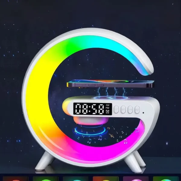 Smart G63 Table Lamp with Wireless Charger, Bluetooth Speaker, RGB Light & Alarm Clock – All-in-One Bedside Companion