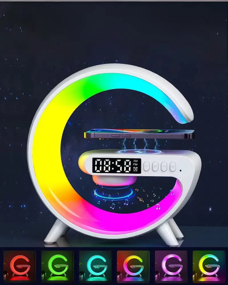 Smart G63 Table Lamp with Wireless Charger, Bluetooth Speaker, RGB Light & Alarm Clock – All-in-One Bedside Companion