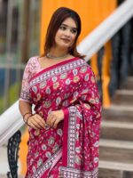 Vibrant Magenta Topetor Silk Saree | Floral & Geometric Digital Print with Blouse Piece - Image 4