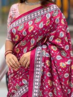 Vibrant Magenta Topetor Silk Saree | Floral & Geometric Digital Print with Blouse Piece - Image 3