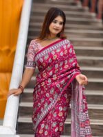 Vibrant Magenta Topetor Silk Saree | Floral & Geometric Digital Print with Blouse Piece - Image 2
