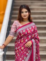 Vibrant Magenta Topetor Silk Saree Floral & Geometric Digital Print with Blouse Piece