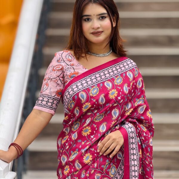 Vibrant Magenta Topetor Silk Saree Floral & Geometric Digital Print with Blouse Piece